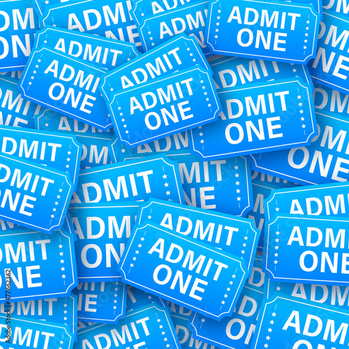 Realistic blue show ticket sticker style pattern. Old premium cinema entrance tickets.