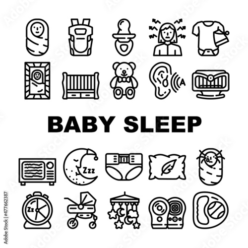Newborn Baby Sleep Accessories Icons Set Vector. Baby Sleep In Crib Or Rocking Bed On Soft Pillow With Teddy Bear Toy, Pampers And Sling, Clothes And Stroller Black Contour Illustrations