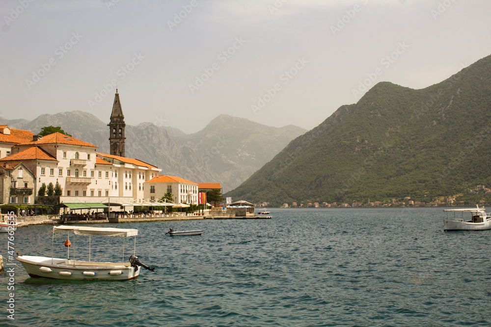 Panoramic view of the city and bay on the sunny day. Perast. Montenegro.