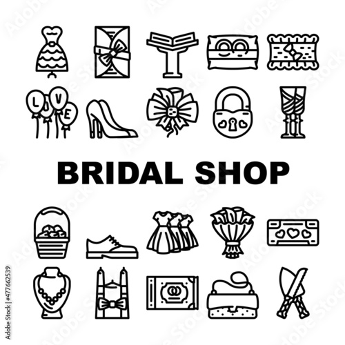 Bridal Shop Fashion Boutique Icons Set Vector. Dress For Bride And Costume For Groom, Garment For Bridesmaid And Candles, Ring And Wedding Album Selling In Bridal Shop Black Contour Illustrations