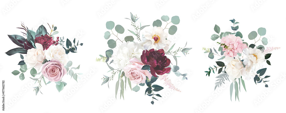 Blush pink rose, burgundy red peony, ranunculus, hydrangea, magnolia flowers - obrazy, fototapety, plakaty 