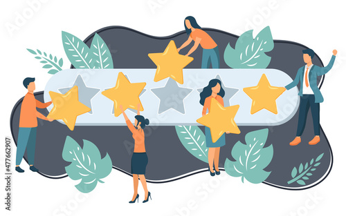 Concept of feedback, testimonials messages and notifications. Rating on customer service illustration. Five big stars with people sitting on them and giving reviews on their lap tops. Flat vector	
