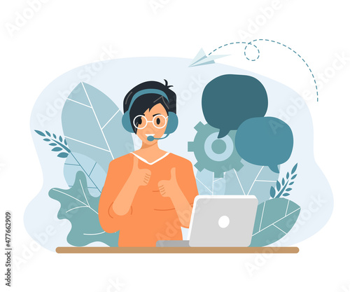 Vector illustration, customer service, hotline operator advises customer, online global technical support 24/7, customer and operator vector	
