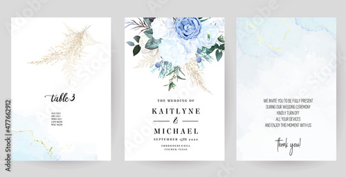 Dusty blue rose, white hydrangea, ranunculus, magnolia, pampas grass, greenery, juniper