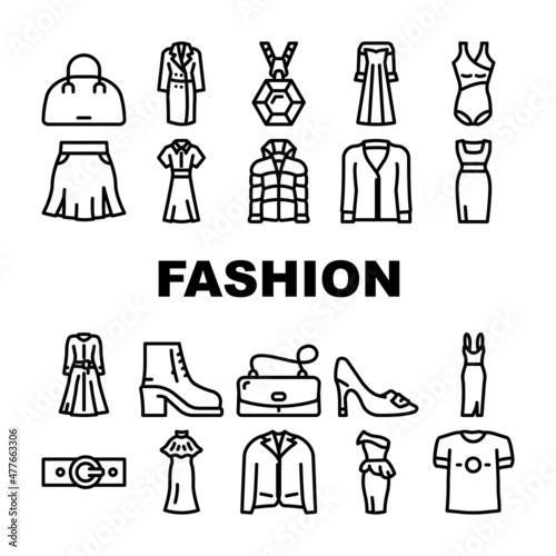 Fashion Store Garment And Shoes Icons Set Vector. Fashion Store Selling Dresses Evening Gowns And Jacket, T-shirt And Coats, Woman Bag And Belt Accessories Black Contour Illustrations