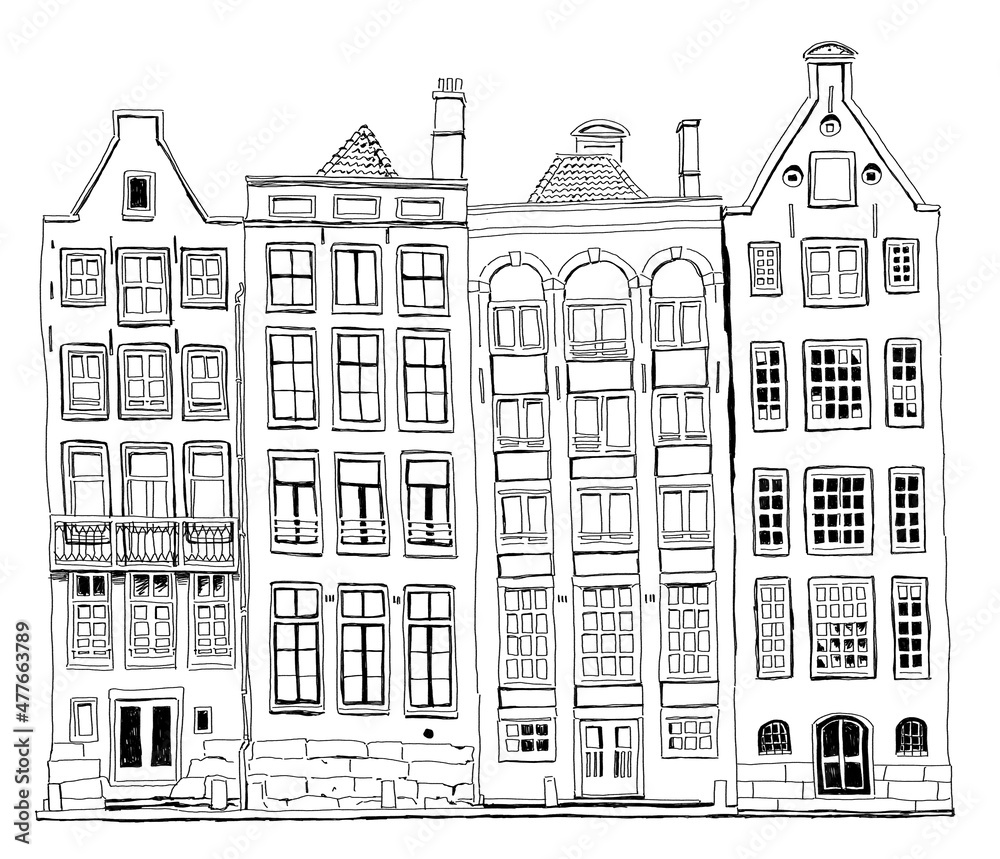 Beautiful houses from Amsterdam painted with black and white graphics in sketch style.  Suitable for print, postcard, sketchbook cover, poster, stickers, your design.