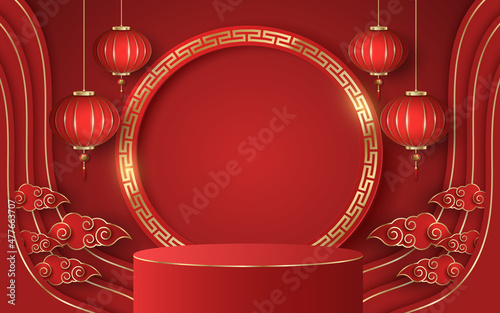 Realistic podium for Chinese new year to display your products. Luxurious red and golden flowers, lanterns and clouds. Mockup for presentation. Decorative frame with asian golden pattern
