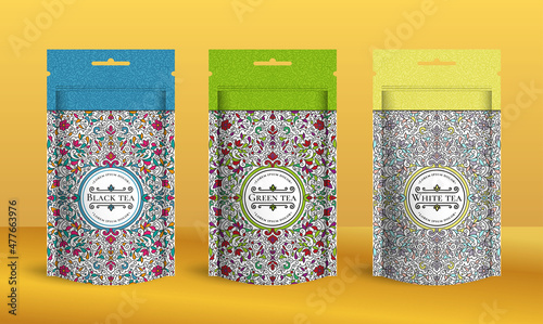 Colorful tea packaging design with zip pouch bag mockup. Vector ornament template. Elegant, classic elements. Great for food, drink and other package types. Can be used for background and wallpaper.