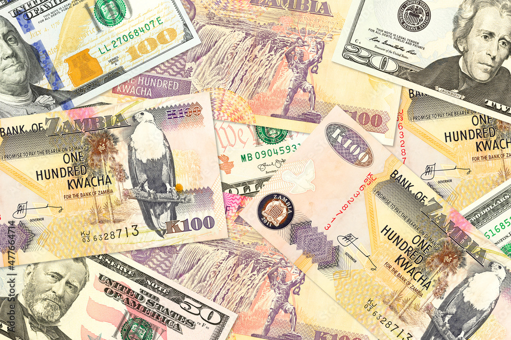 some zambia kwacha bank notes and us dollar bank notes mixed indicating bilateral economic relations