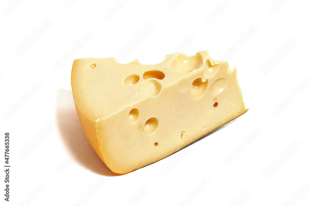 Piece of cheese with holes isolated on white background. Emmental cheese triangle, Swiss cheese