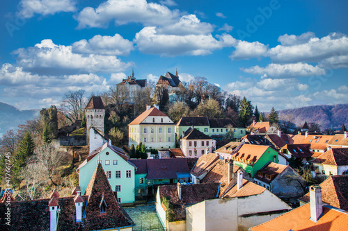 Beautiful Landscape Of A Citadel. Medieval Old Town Sighisoara In Mures County, Transylvania, Romania. Travel Concept. Aerial View