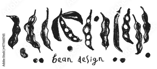 Hand-drawn Soybean drawing for Soy sauce label design. Whole pea pod illustration. Green Beans icon. Vegan restaurant logo, vegetarian healthy food banner. Organic food sign. Pencil texture — soybeans