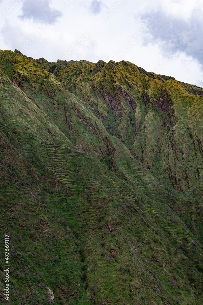 Terraced mountains of the Sacred Valley, Peru, cultivated using traditional Andean/Incan farming techniques