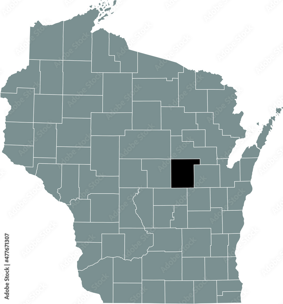 Fototapeta premium Black highlighted location map of the Waupaca County inside gray administrative map of the Federal State of Wisconsin, USA