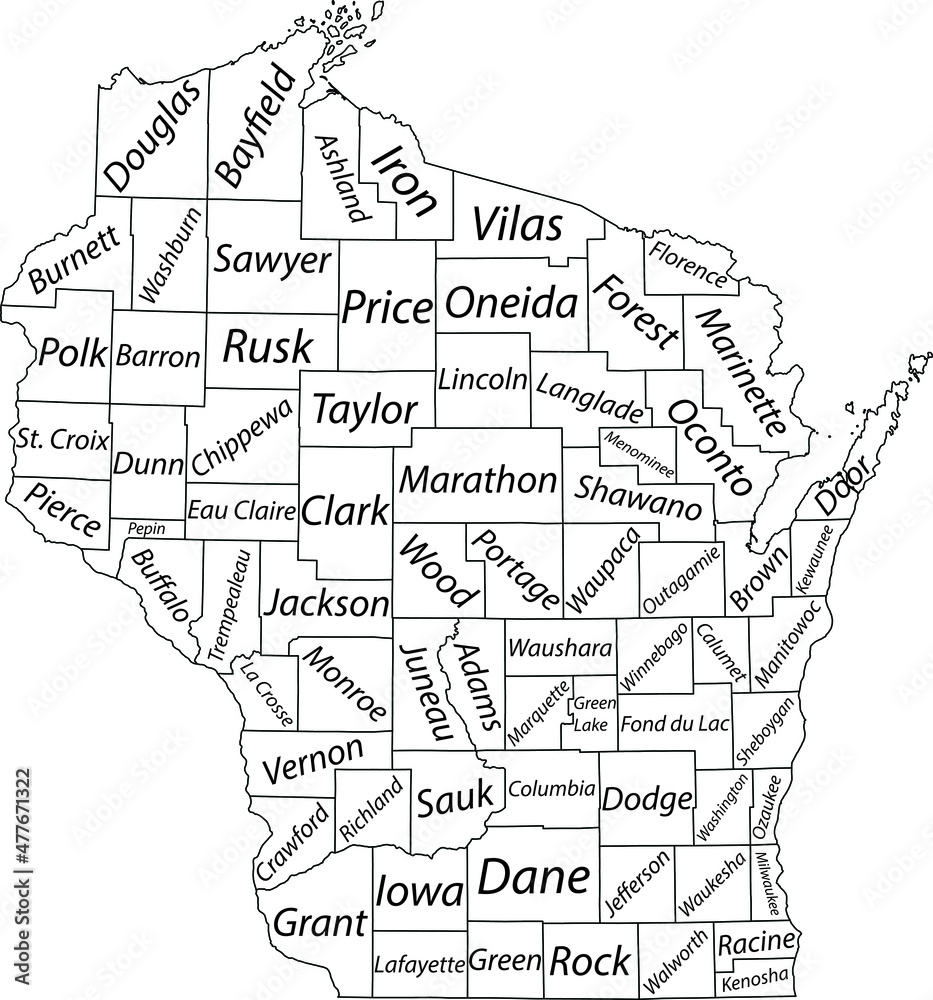 White vector administrative map of the Federal State of Wisconsin, USA with black borders and name tags of its counties