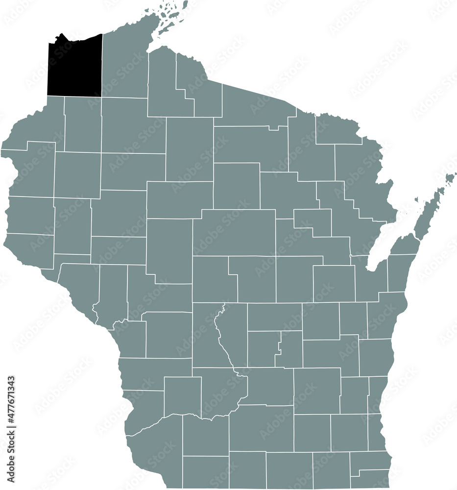 Fototapeta premium Black highlighted location map of the Douglas County inside gray administrative map of the Federal State of Wisconsin, USA