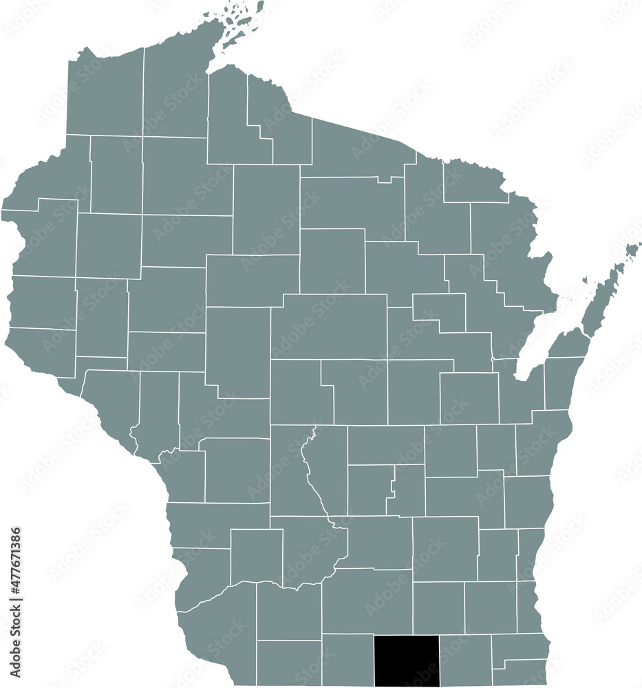 Fototapeta premium Black highlighted location map of the Rock County inside gray administrative map of the Federal State of Wisconsin, USA