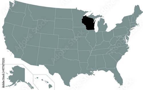 Black highlighted location administrative map of the US Federal State of Wisconsin inside gray map of the United States of America