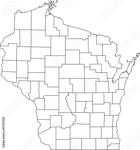 White blank vector administrative map of the Federal State of Wisconsin  USA with black borders of its counties