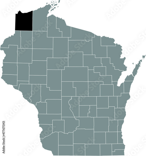 Black highlighted location map of the Douglas County inside gray administrative map of the Federal State of Wisconsin  USA
