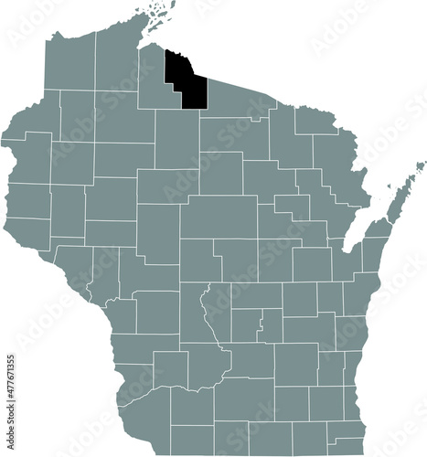 Black highlighted location map of the Iron County inside gray administrative map of the Federal State of Wisconsin, USA photo