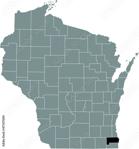 Black highlighted location map of the Racine County inside gray administrative map of the Federal State of Wisconsin, USA