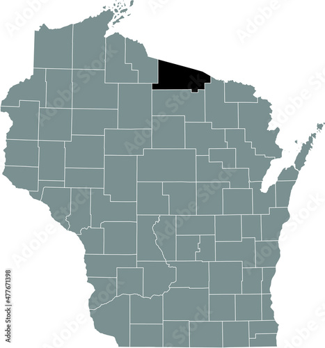 Black highlighted location map of the Vilas County inside gray administrative map of the Federal State of Wisconsin, USA