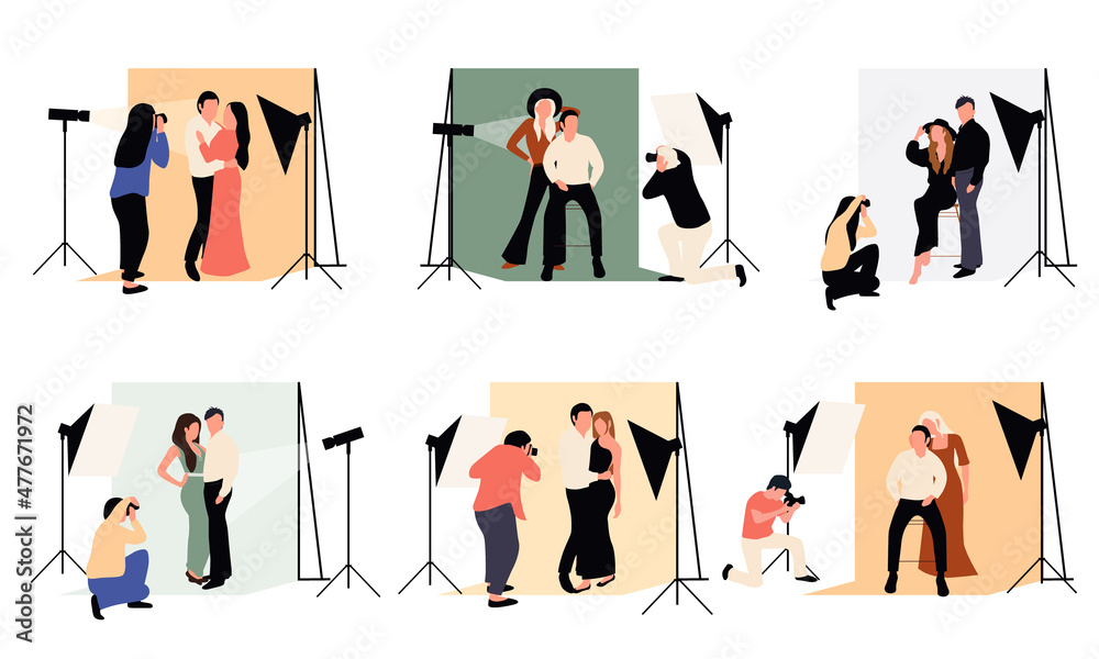 Collection of male and female photographers working at photographic studio. Stylish models outdoor photoset isolated design elements on white background.