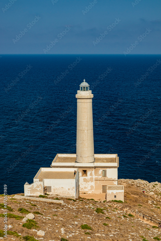 The lighthouse of Punta Palascia, in Otranto, Lecce, Salento, Puglia, Italy. The cape is Italy's most easterly point. The building is on the promontory that separates the Adriatic and Ionian seas.