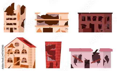 Abandoned houses set. Ruined abandoned houses set, old buildings, broken dilapidated dwelling, supermarket real estate