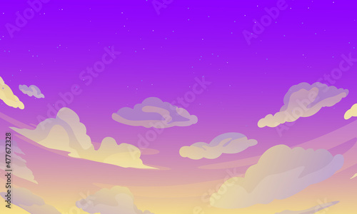 Sunset sky. Cartoon summer sunrise with pink clouds and sunshine  evening cloudy heaven panorama. Sunset. Background design