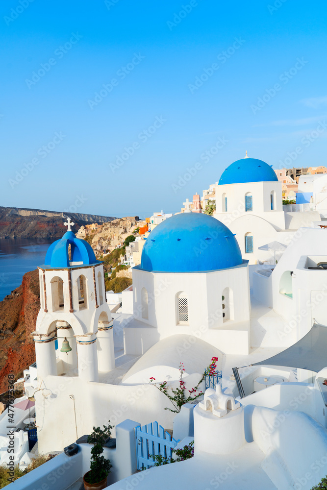 Fototapeta premium white belfries Santorini island, Greece
