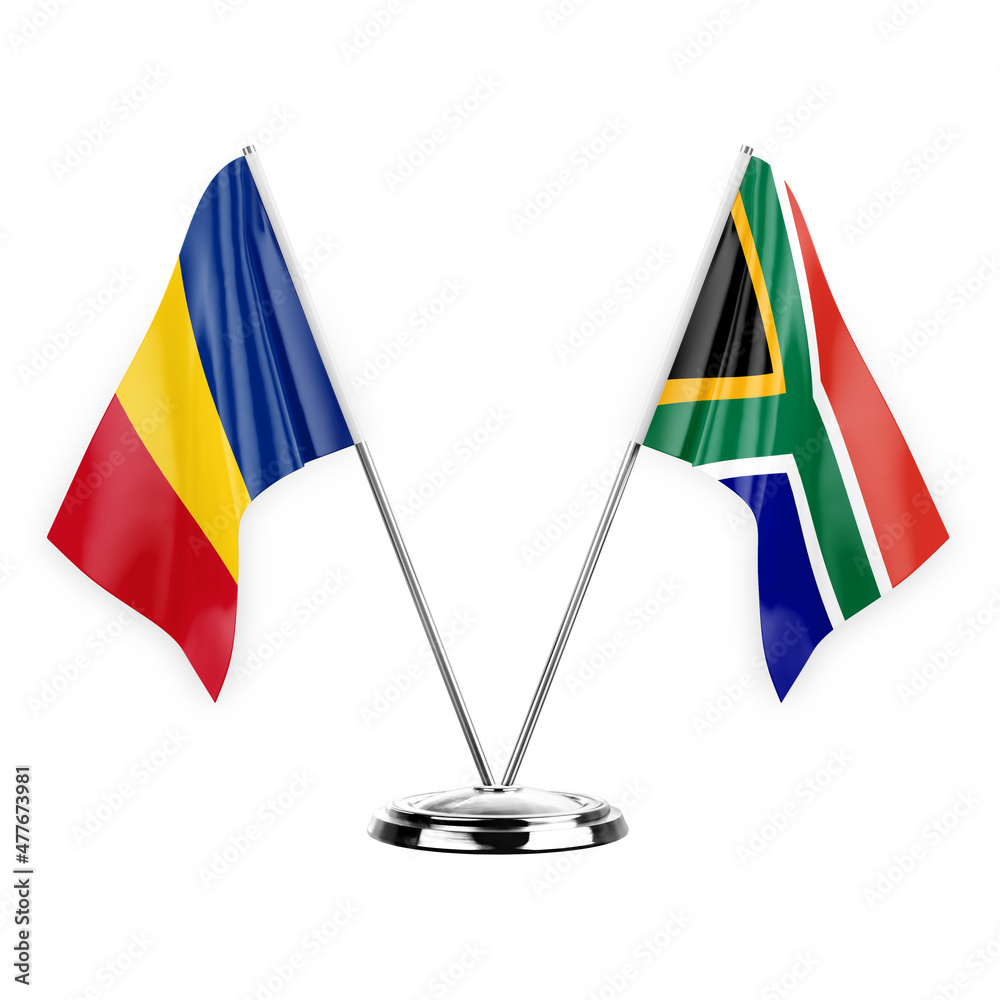 Two table flags isolated on white background 3d illustration, romania and south africa Two table flags isolated on white background 3d illustration, romania and south africa