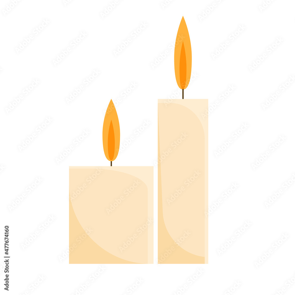 Two vector burning candles isolated on white background. Vector illustration of a candle in a flat style. Two vector burning candles isolated on white background. Vector illustration of a candle in a flat style.