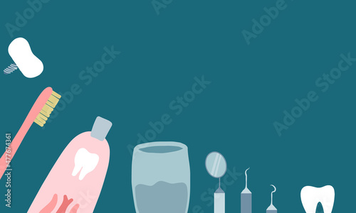 Vector set with healthy teeth, implants, caries, dental instruments, glass of water, toothbrush, toothpaste. Morning routine, daily oral hygiene. The World National International Dentist Day March 6