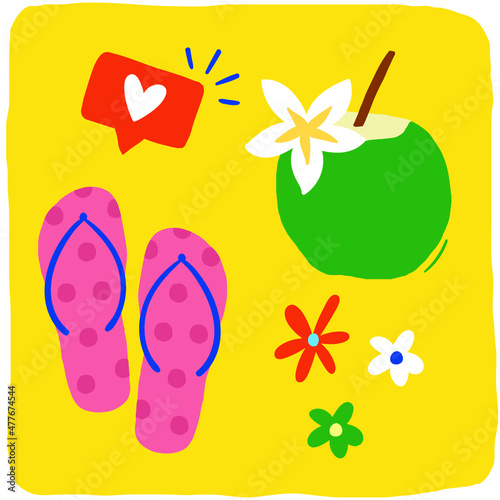 Tropical set drawing with flip flops, coconut water, heart and flowers 