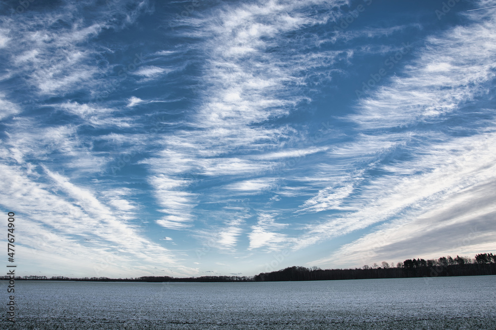Obraz premium Niebo z białymi chmurami nad zaszronionym polem