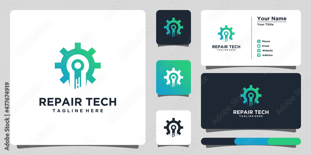 Shield tech logo design, gradient with bussines card. Premium Vector