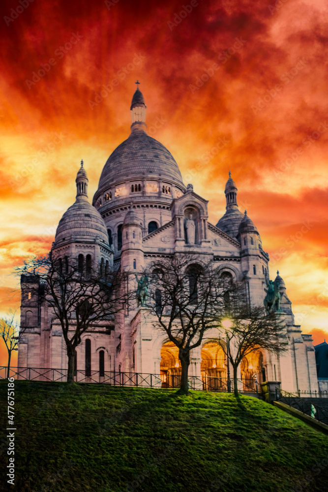 Sacre Coeur Cathedral on Montmartre Hill, Paris. France