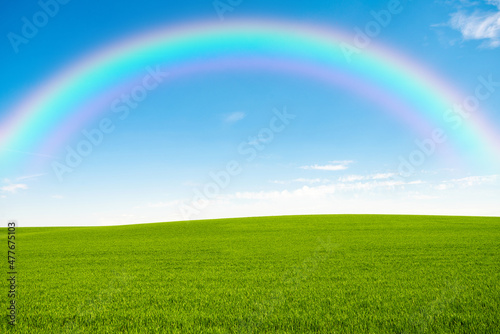 Scenic View Of Field Against Rainbow In Sky