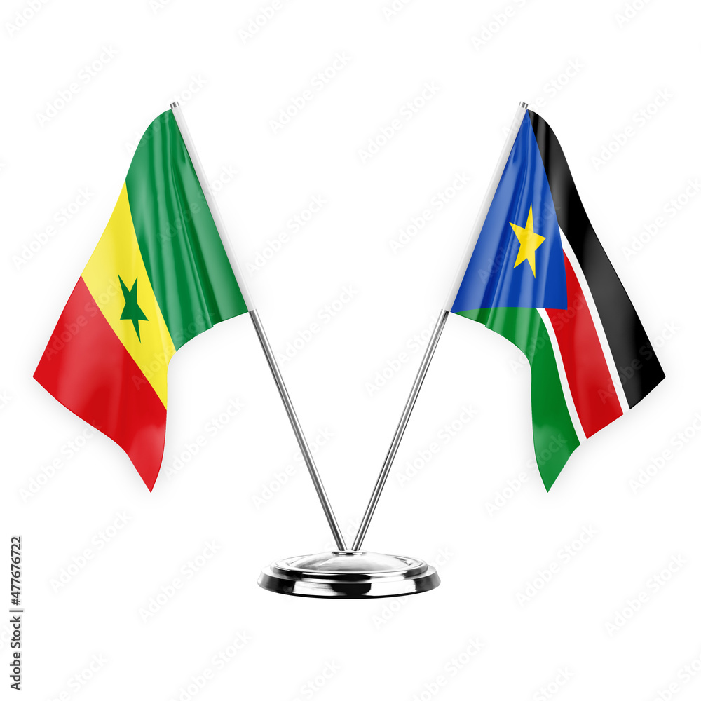 Two table flags isolated on white background 3d illustration, senegal and south sudan Two table flags isolated on white background 3d illustration, senegal and south sudan