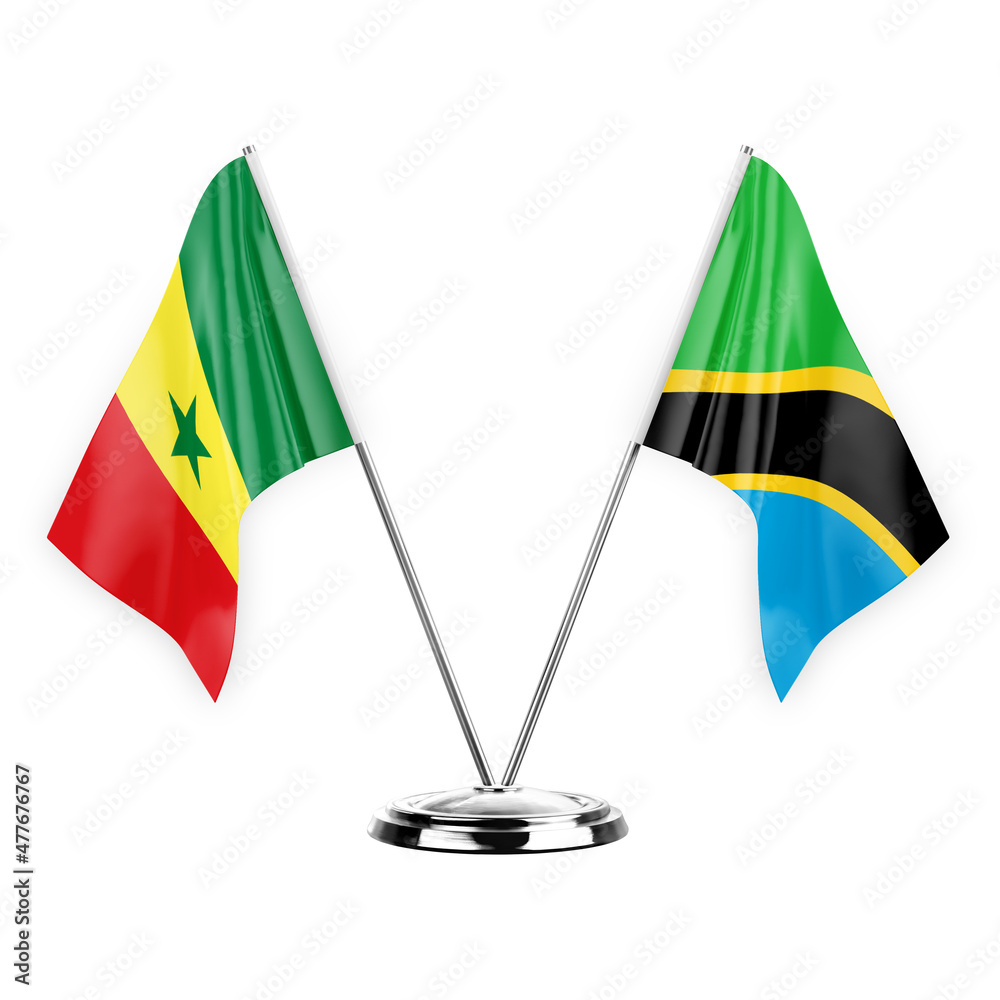 Two table flags isolated on white background 3d illustration, senegal and tanzania Two table flags isolated on white background 3d illustration, senegal and tanzania