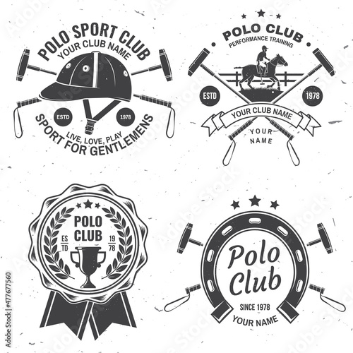 Set of Polo club sport badges, patches, emblems, logos. Vector illustration. Vintage monochrome equestrian label with rider and horse silhouettes. Polo club competition riding sport. Concept for shirt