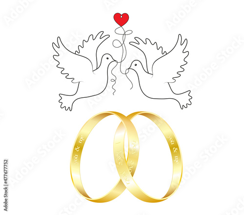 Goldene Ehe oder Verlobungs- Ringe mit Tauben und Liebes Herz,
Goldene Eheringe mit Liebesbotschaft eingraviert,
Vektor illustration isoliert auf weißem Hintergrund
