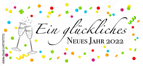 Glückwunschkarte „Ein glückliches Neues Jahr 2022“ mit Sektgläser und Konfetti, Silvester Banner, Vektor Illustration isoliert auf weißem Hintergrund 