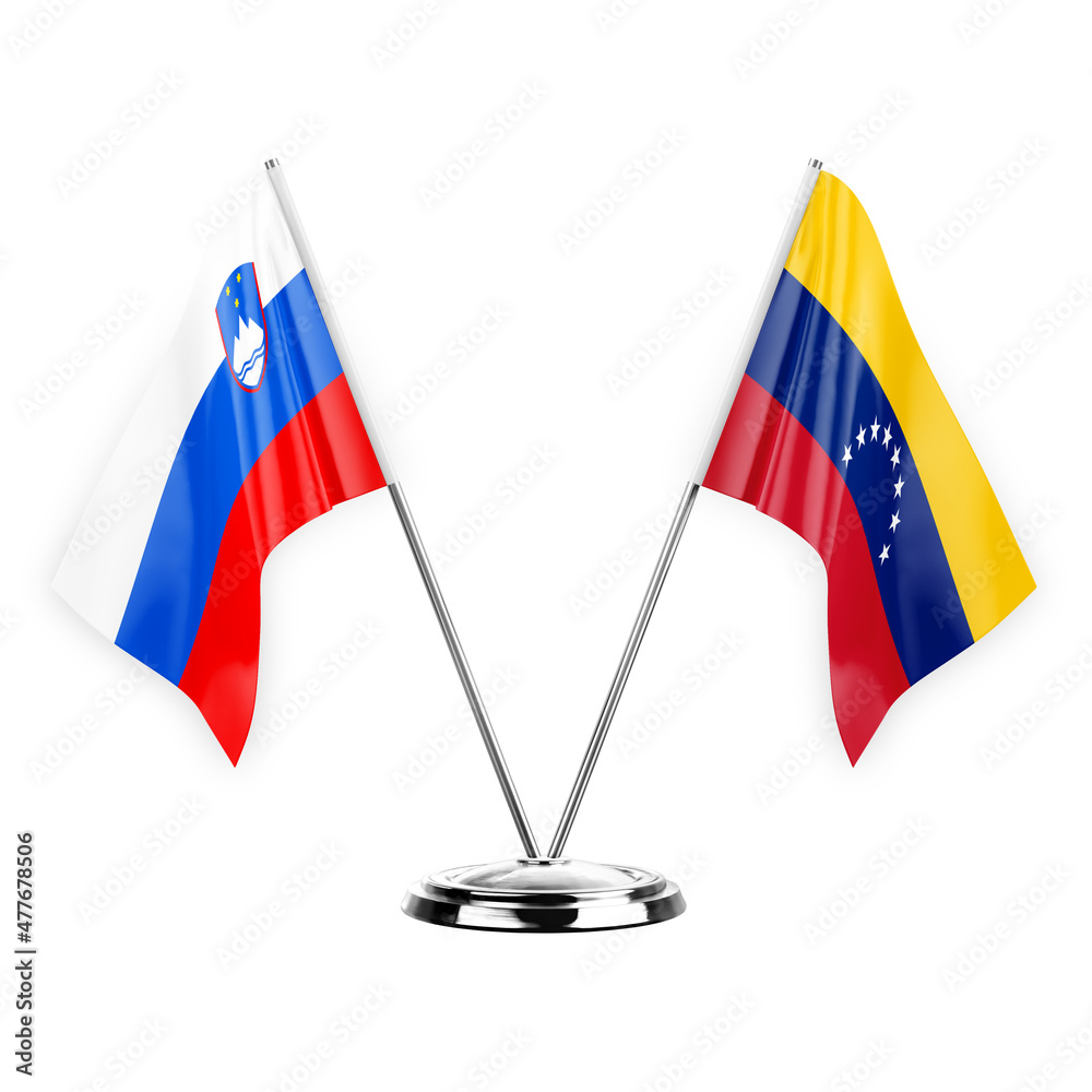 Two table flags isolated on white background 3d illustration, slovenia and venezuela