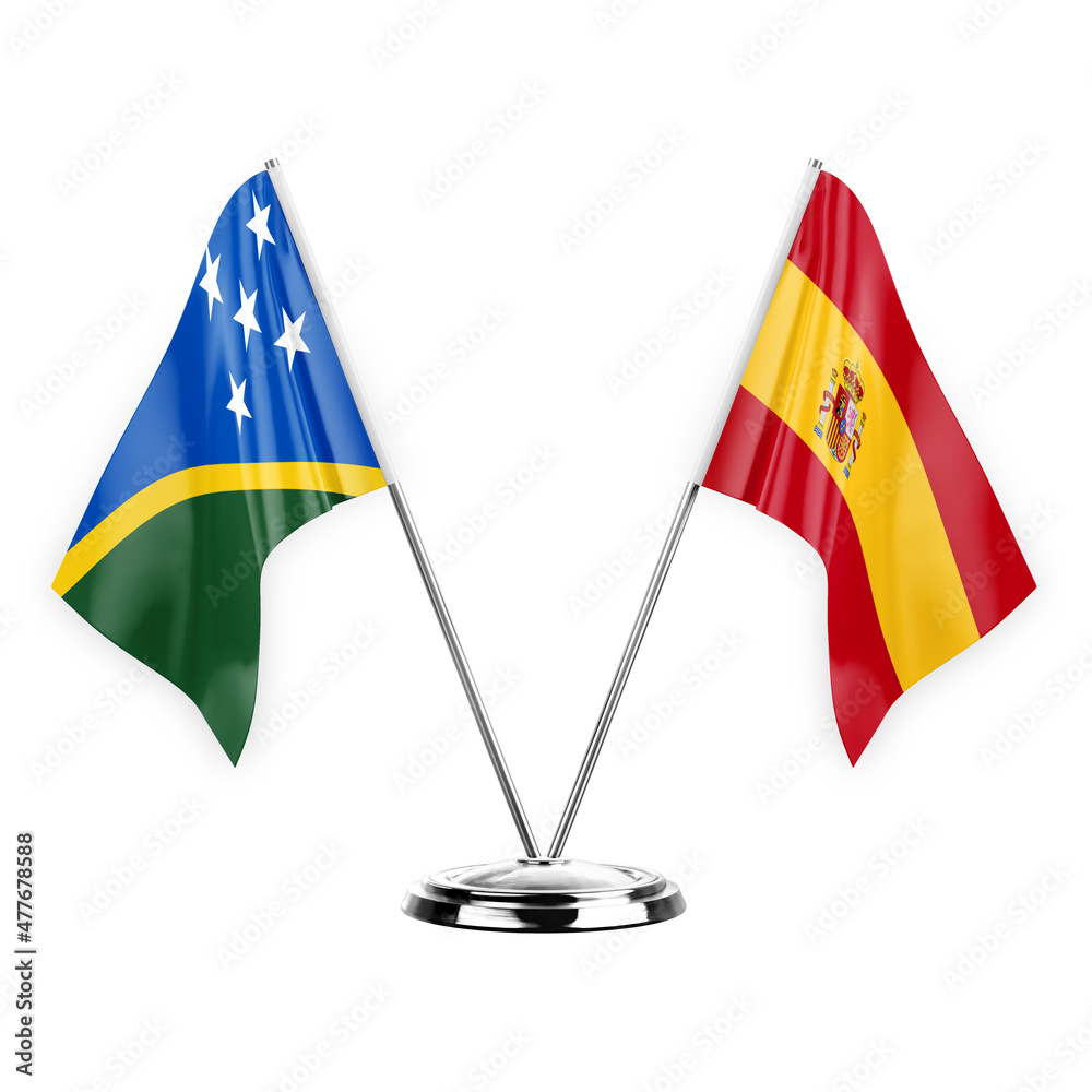 Two table flags isolated on white background 3d illustration, solomon islands and spain Two table flags isolated on white background 3d illustration, solomon islands and spain