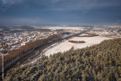 Aerial landscape of the snowy forest at winter  Poland.