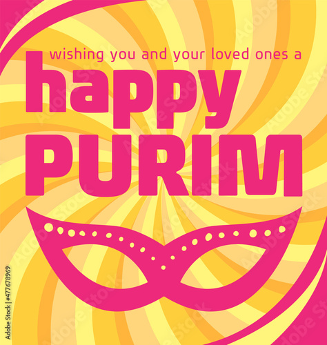 Greeting postcard for HAPPY PURIM party event. Illustration of a mask and yellow background in bold colors.
