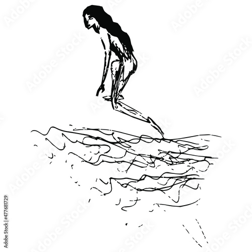 The birth of Venus. Young girl emerging from sea waves. Little Mermaid. Goddess Aphrodite. Hand drawn linear doodle rough sketch. Black ink silhouette on white background.